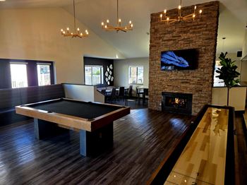 Room with a pool table and a fireplace